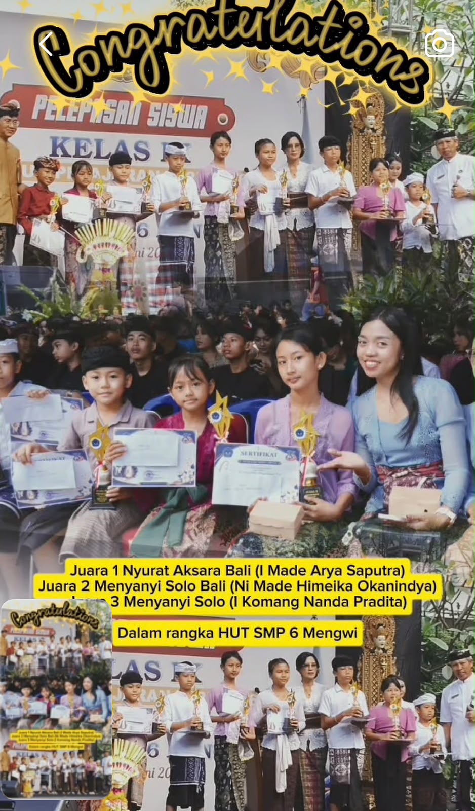 JUARA 1 NYURAT AKSARA BALI, JUARA 2 MENYANYI SOLO BALI, JUARA 3 MENYANYI SOLO